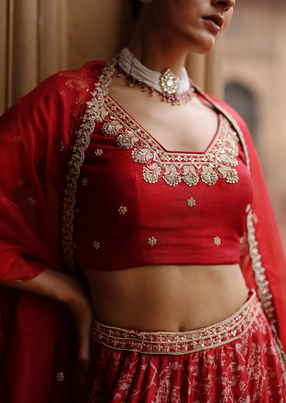 Red  Embroidered And Printed Lehenga Set