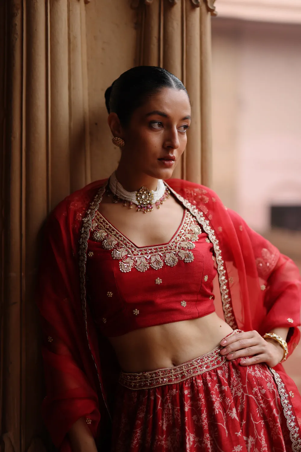 Red  Embroidered And Printed Lehenga Set