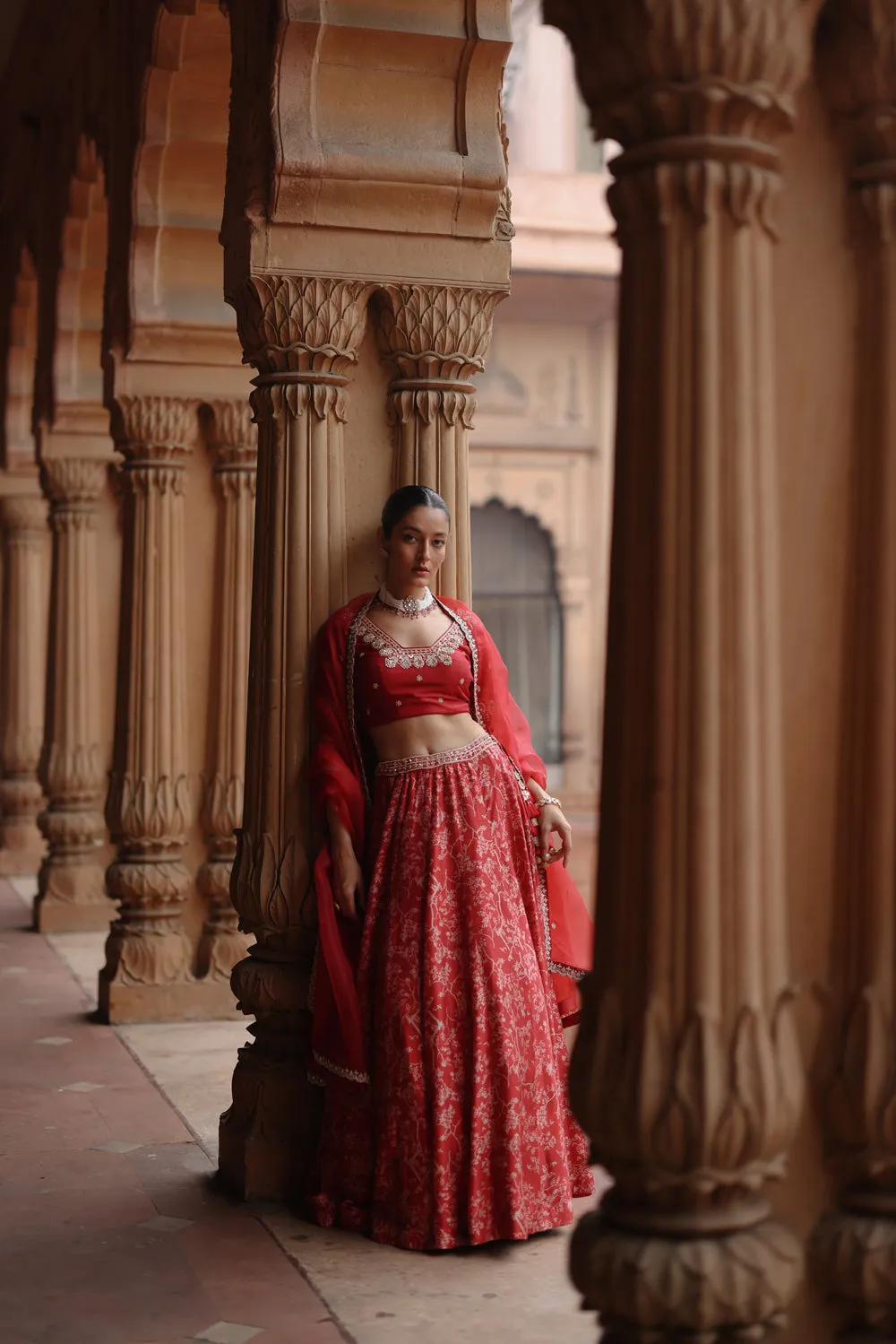 Red  Embroidered And Printed Lehenga Set