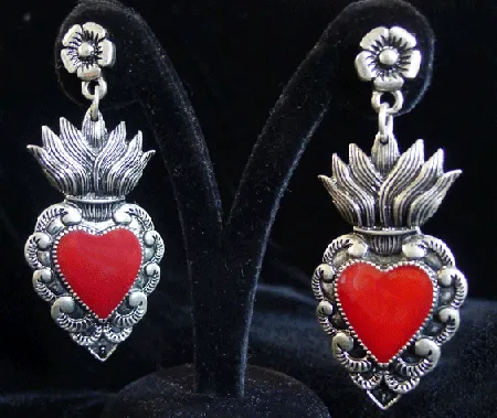 Red Flaming Sacred Heart Necklace or Earrings