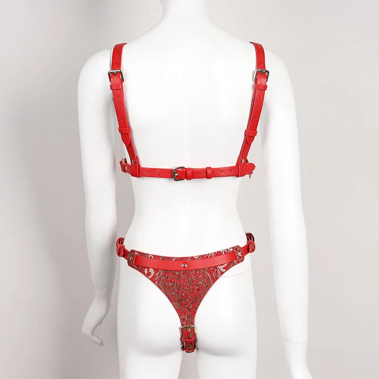 Scandal Handcrafted Red Leather Bondage Zipper Harness | Fetish | Adjustable| Open Crotch