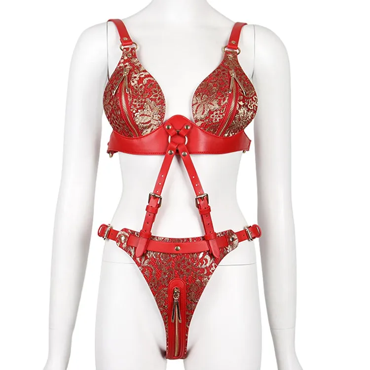 Scandal Handcrafted Red Leather Bondage Zipper Harness | Fetish | Adjustable| Open Crotch