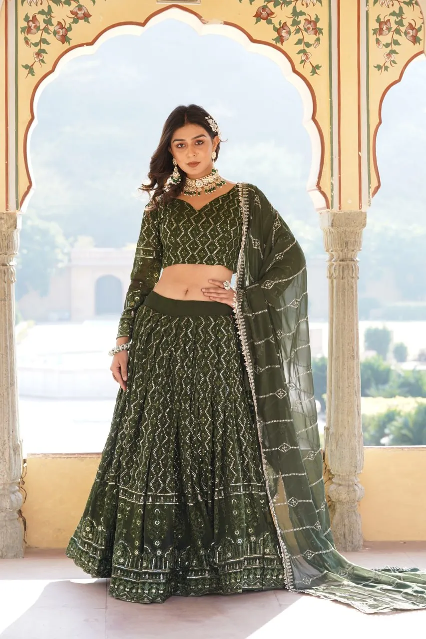 Shimmering Rama Green Faux Georgette Lehenga Choli with Sequins & Thread Work