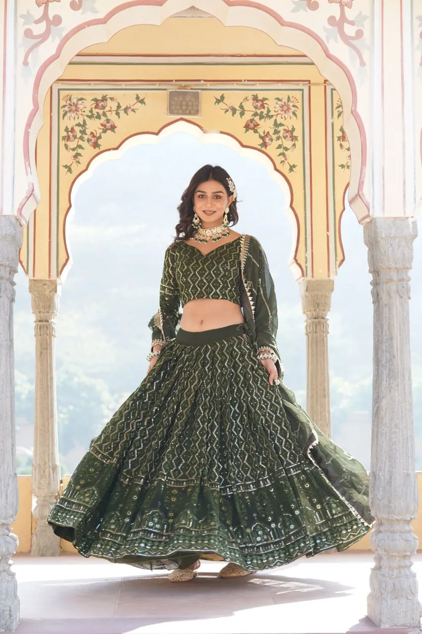 Shimmering Rama Green Faux Georgette Lehenga Choli with Sequins & Thread Work