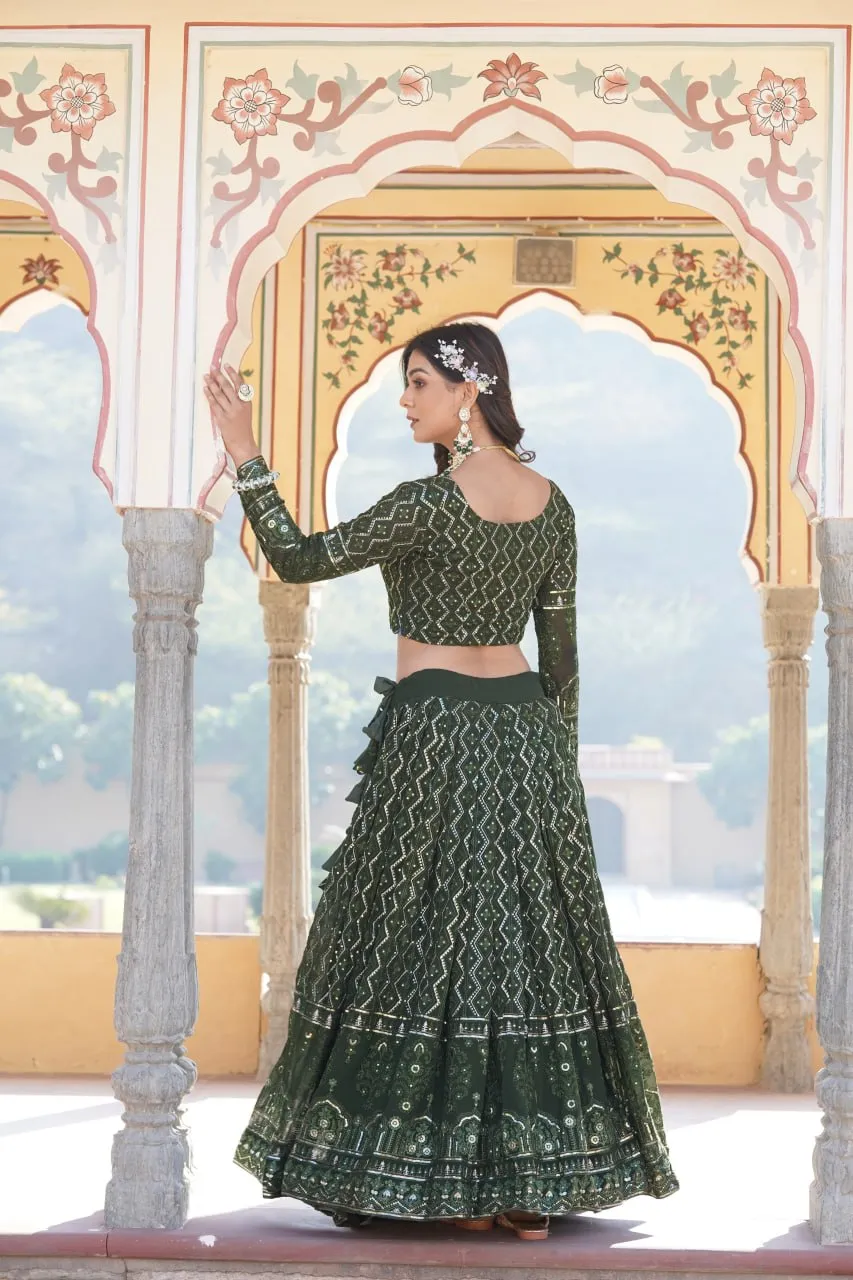 Shimmering Rama Green Faux Georgette Lehenga Choli with Sequins & Thread Work