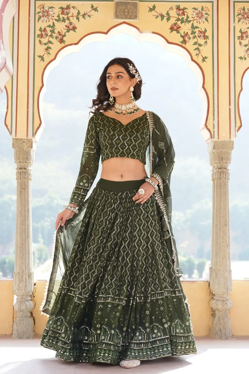 Shimmering Rama Green Faux Georgette Lehenga Choli with Sequins & Thread Work