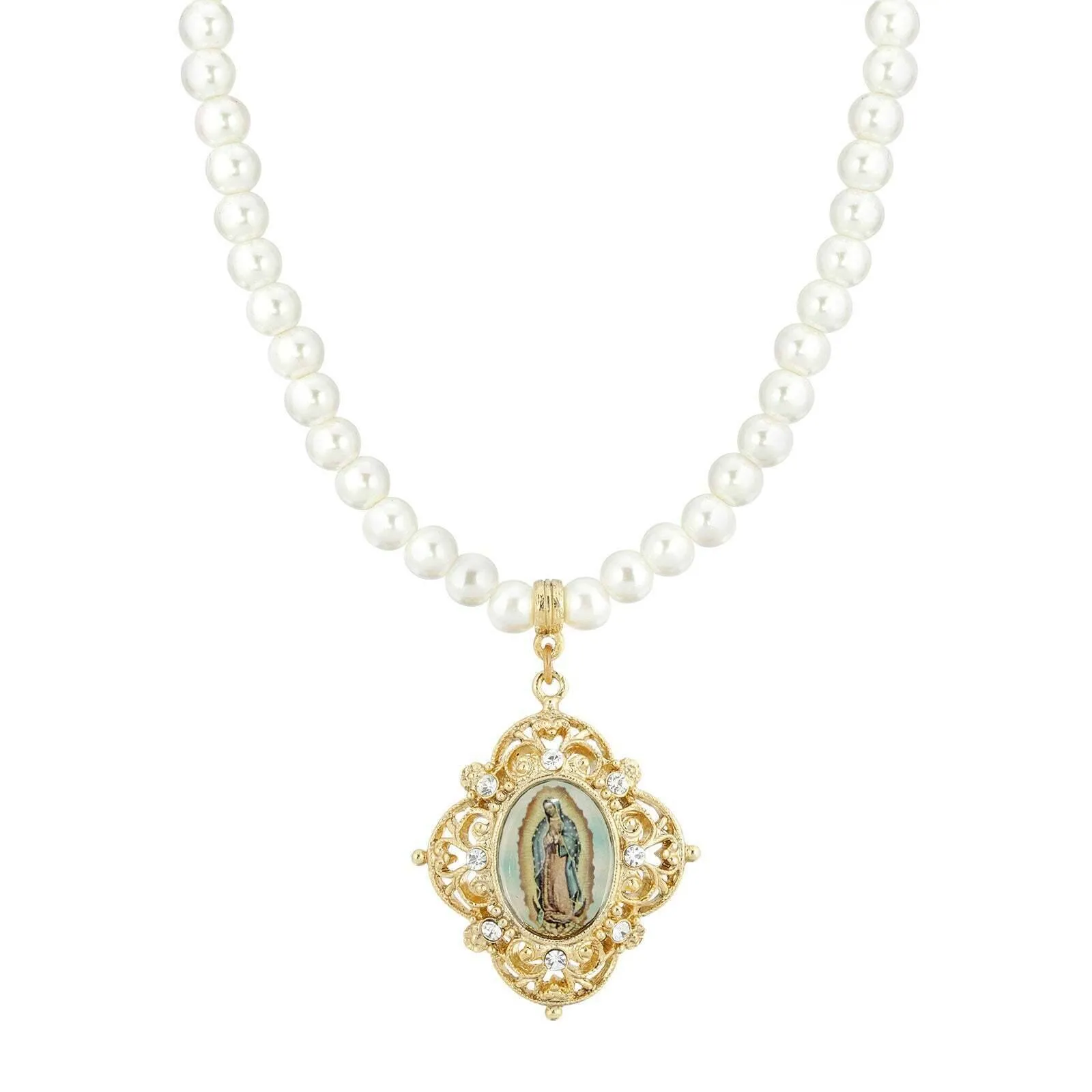 Symbols Of Faith White 6mm Faux Pearl Strand Virgen De Guadalupe Pendant Necklace 15"   3" Extender