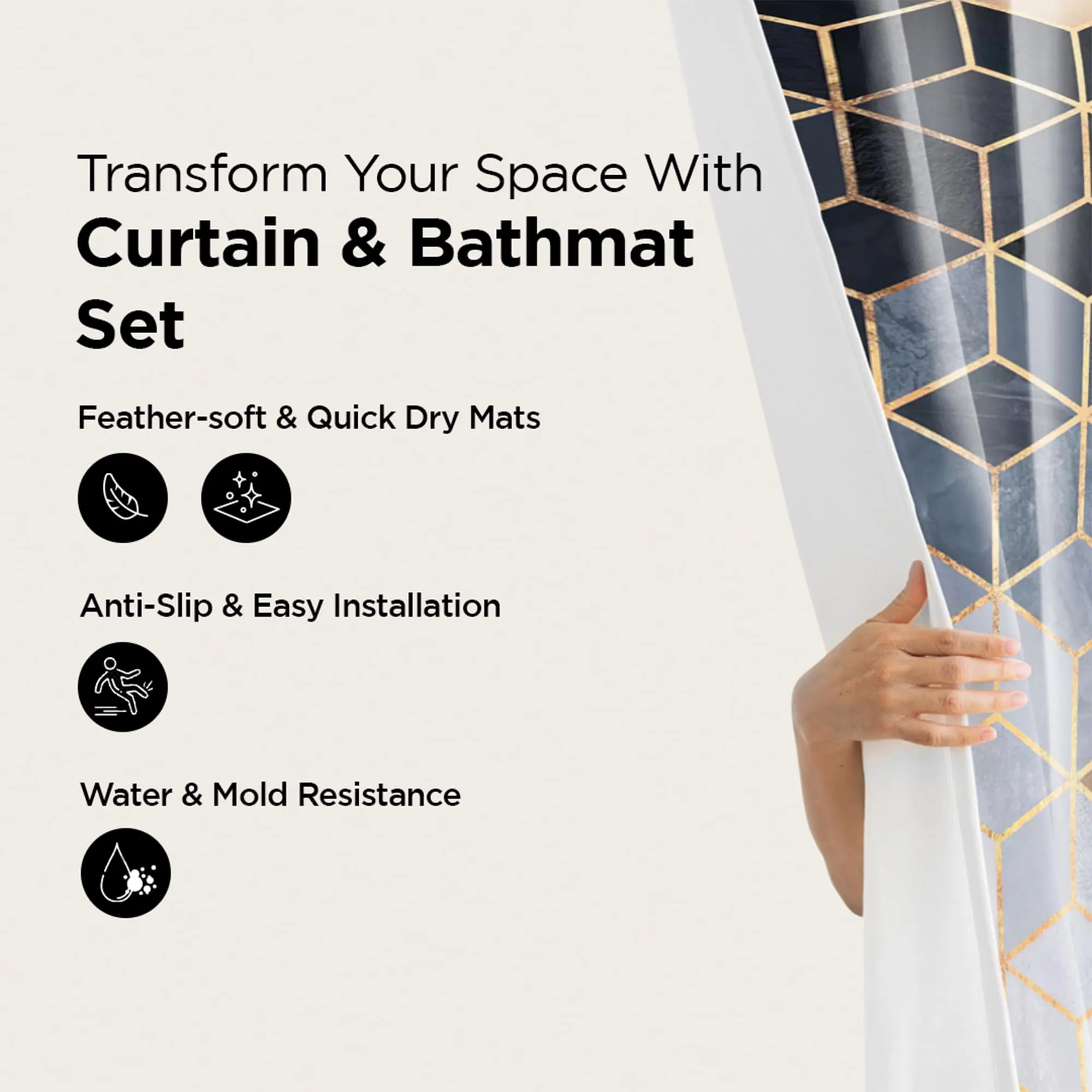 UMAI Shower Curtain(180 * 220cm) Bathroom Mat(45 * 75cm) & U Shaped Mat(45 * 38cm) | 3Pcs Bathroom Accessories Set | Anti Skid Mat for Bathroom Floor | Water-Poof Polyester Material | Multicolor