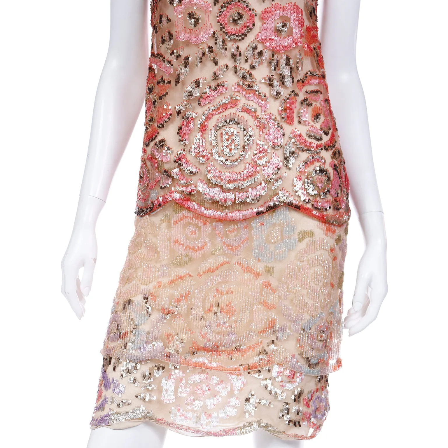 Valentino Peach Beaded Sequin Evening Dress With Beaded Silk Rope Belt