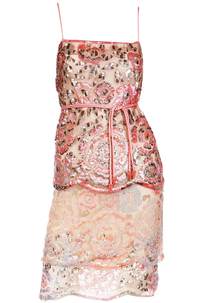 Valentino Peach Beaded Sequin Evening Dress With Beaded Silk Rope Belt