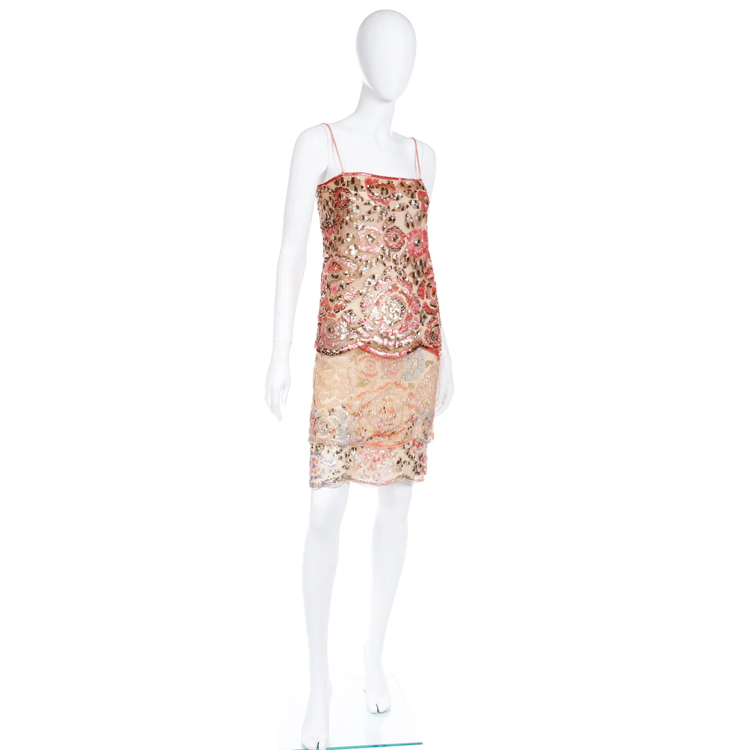 Valentino Peach Beaded Sequin Evening Dress With Beaded Silk Rope Belt