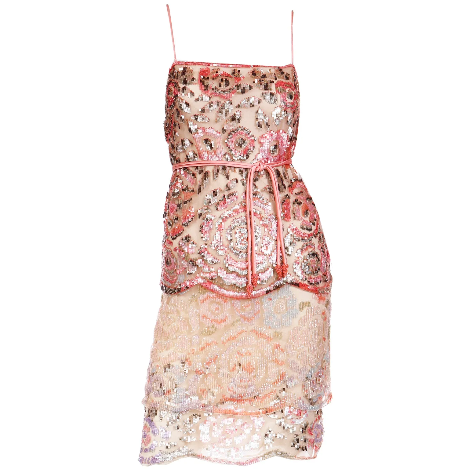 Valentino Peach Beaded Sequin Evening Dress With Beaded Silk Rope Belt