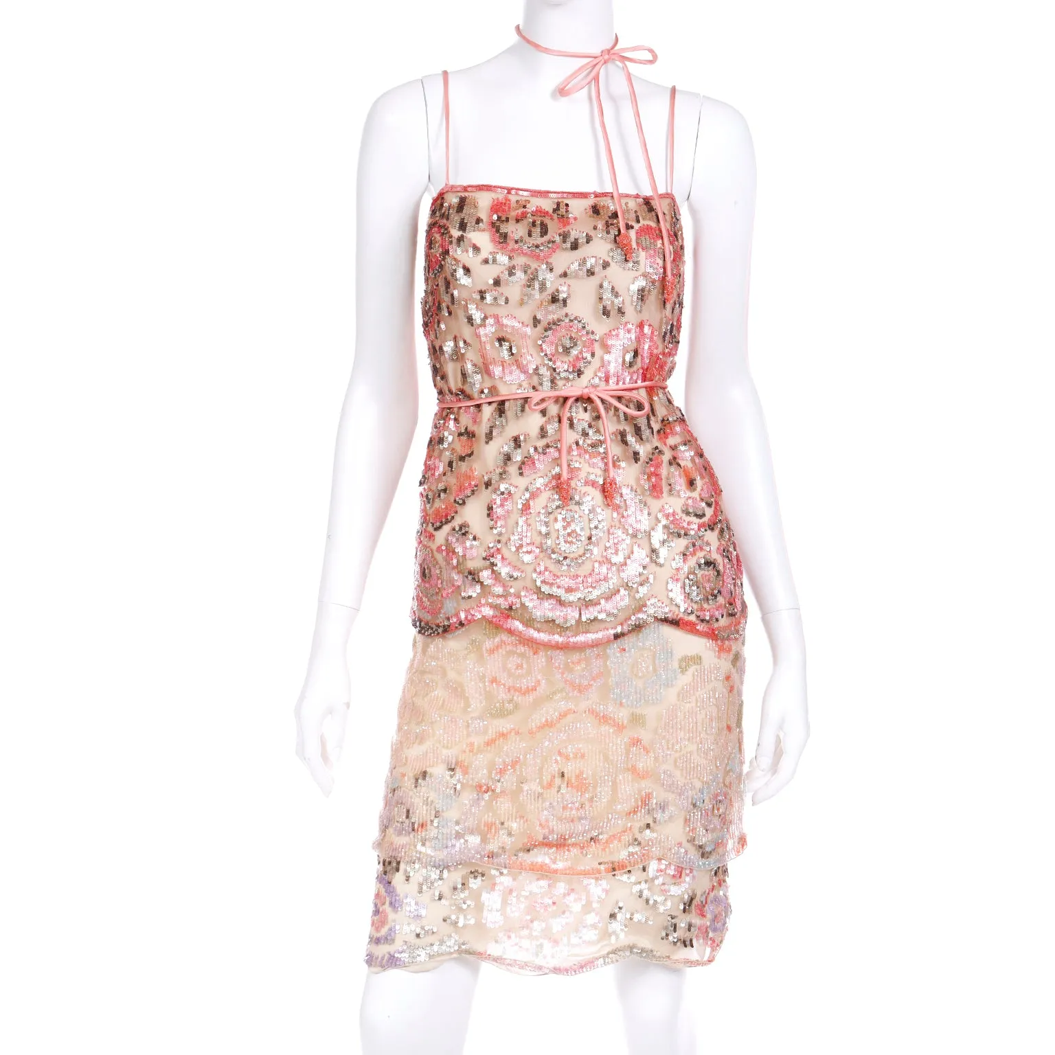 Valentino Peach Beaded Sequin Evening Dress With Beaded Silk Rope Belt