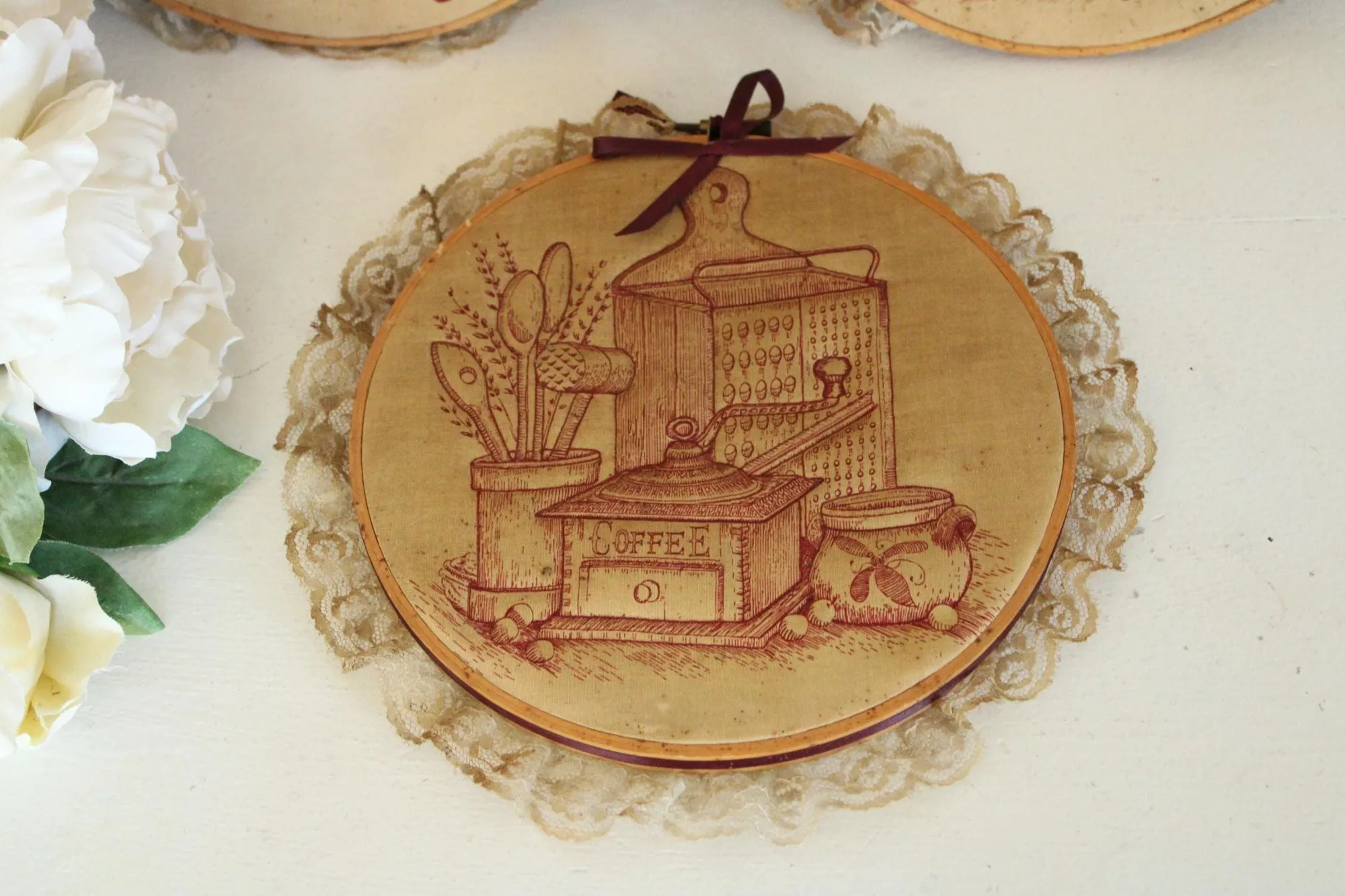 Vintage 1970s Framed Embroidered Strawberry, Bread and Kitchen Tools