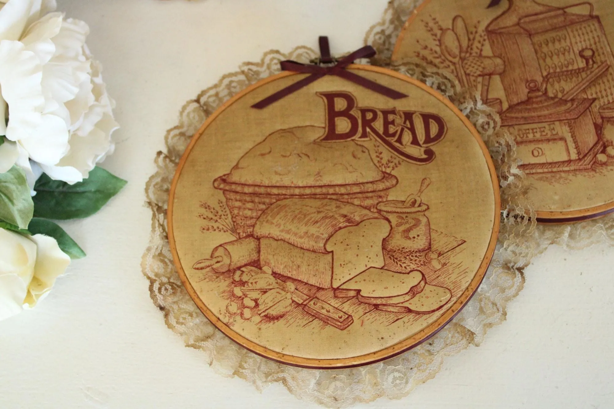 Vintage 1970s Framed Embroidered Strawberry, Bread and Kitchen Tools