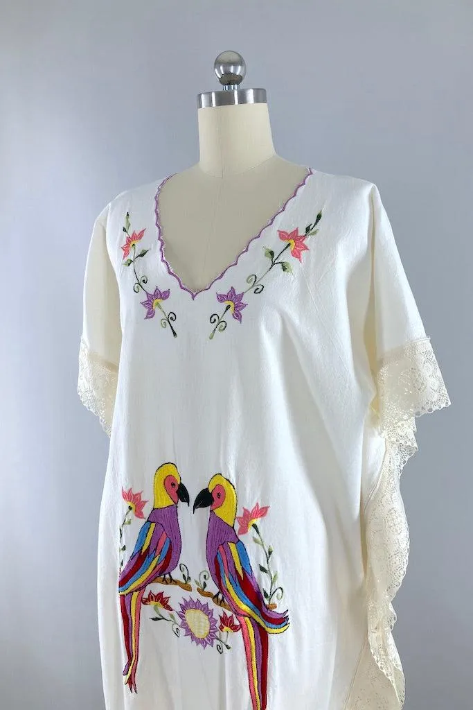 Vintage Embroidered Parrots Caftan Dress