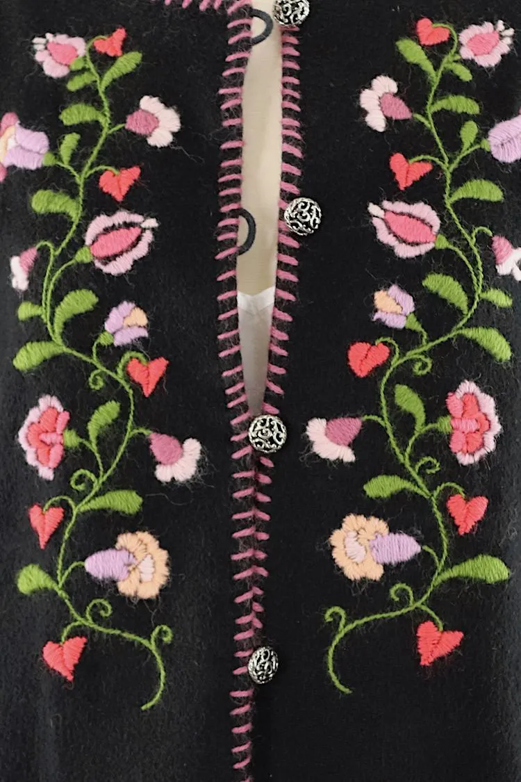 Vintage Floral Embroidered Black Felt Jacket