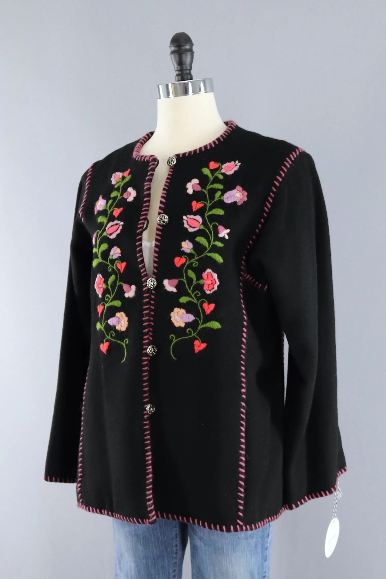 Vintage Floral Embroidered Black Felt Jacket