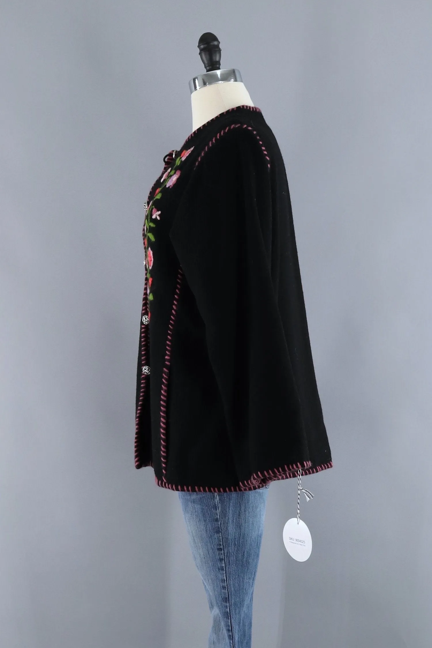 Vintage Floral Embroidered Black Felt Jacket