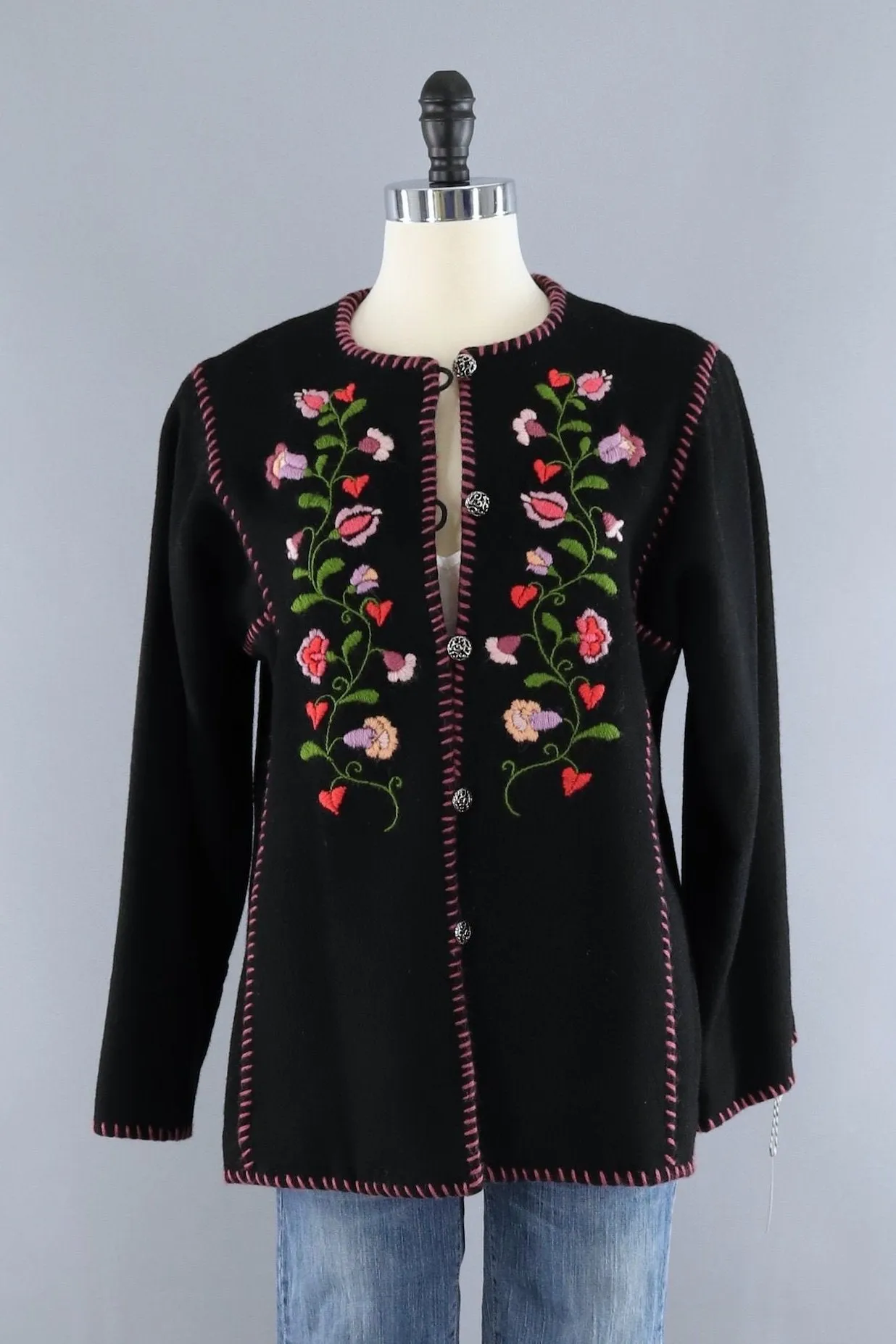 Vintage Floral Embroidered Black Felt Jacket