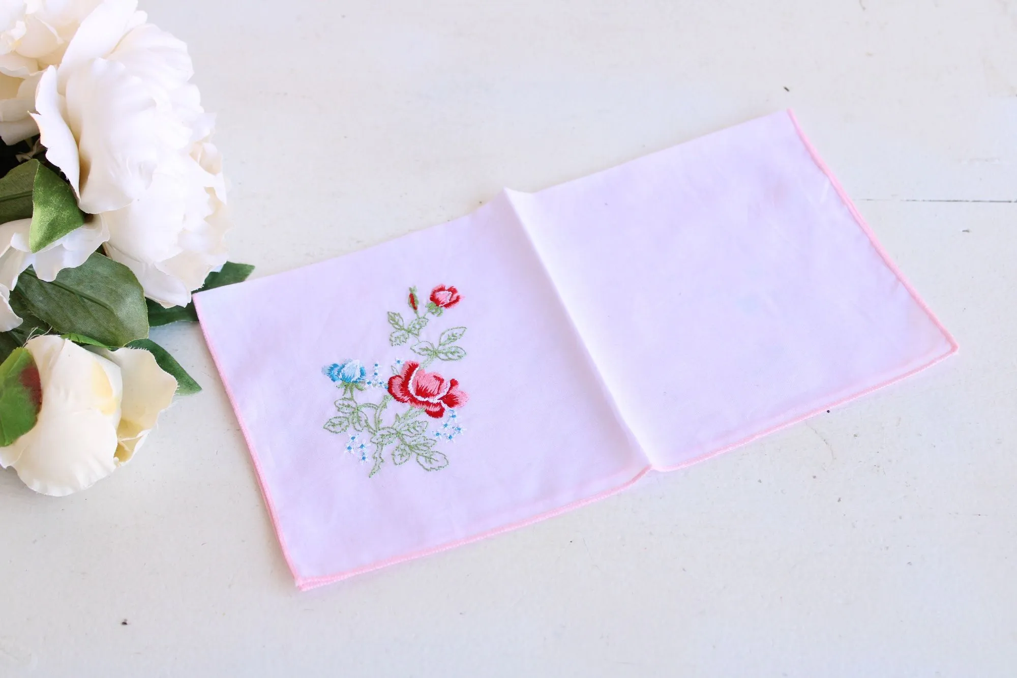 Vintage Handkerchief in Lavender Cotton With Floral Embroidery