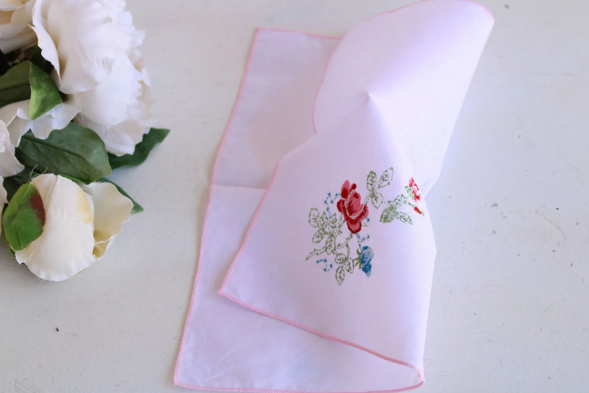 Vintage Handkerchief in Lavender Cotton With Floral Embroidery