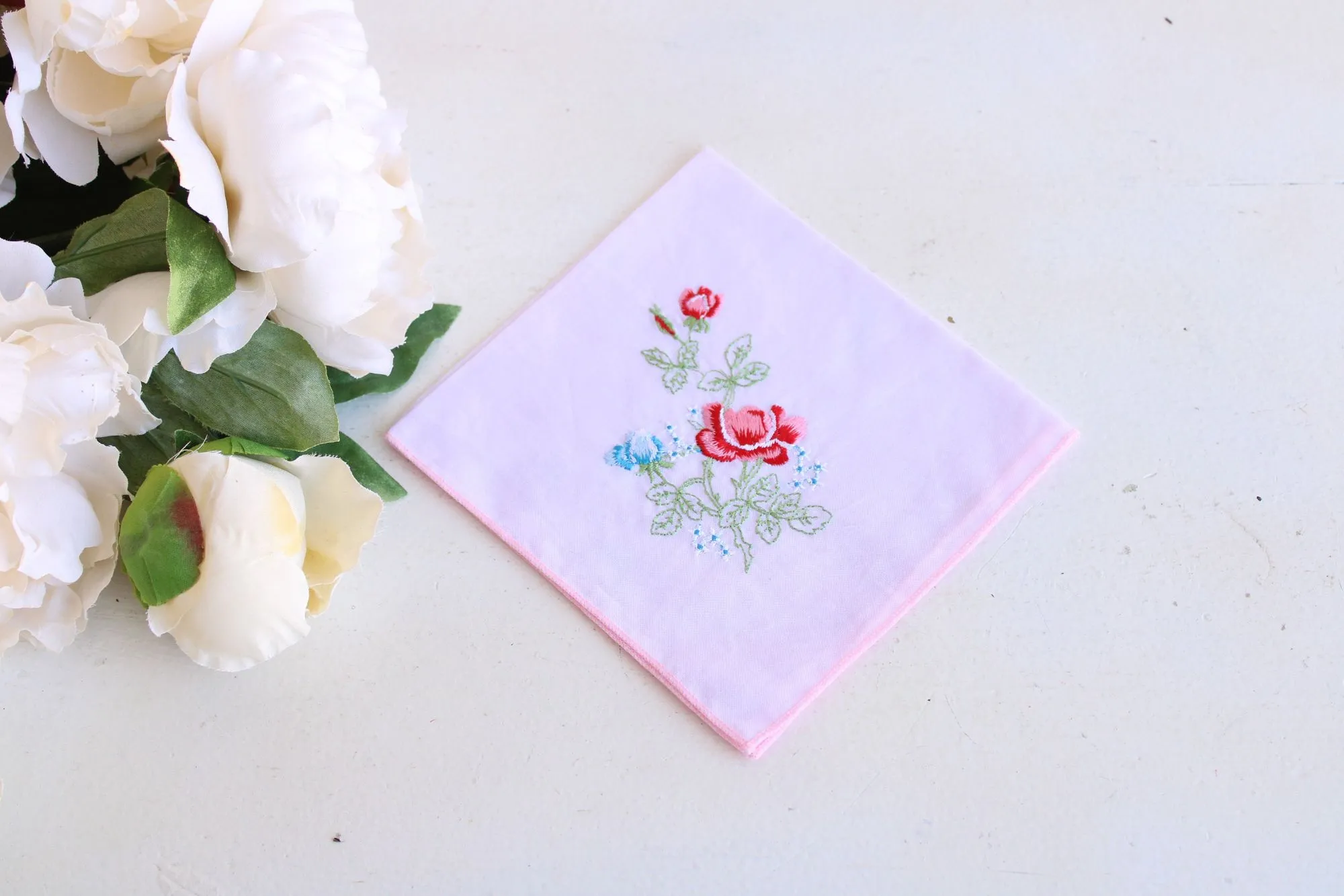 Vintage Handkerchief in Lavender Cotton With Floral Embroidery