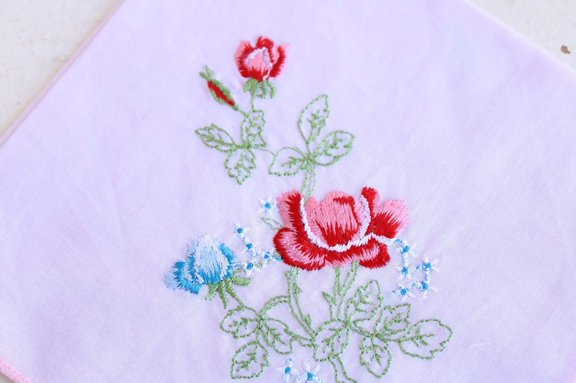 Vintage Handkerchief in Lavender Cotton With Floral Embroidery