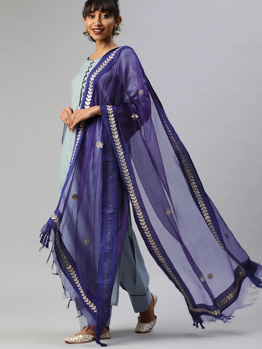 Women Grey And Blue Solid Kurta With Salwar And Dupatta