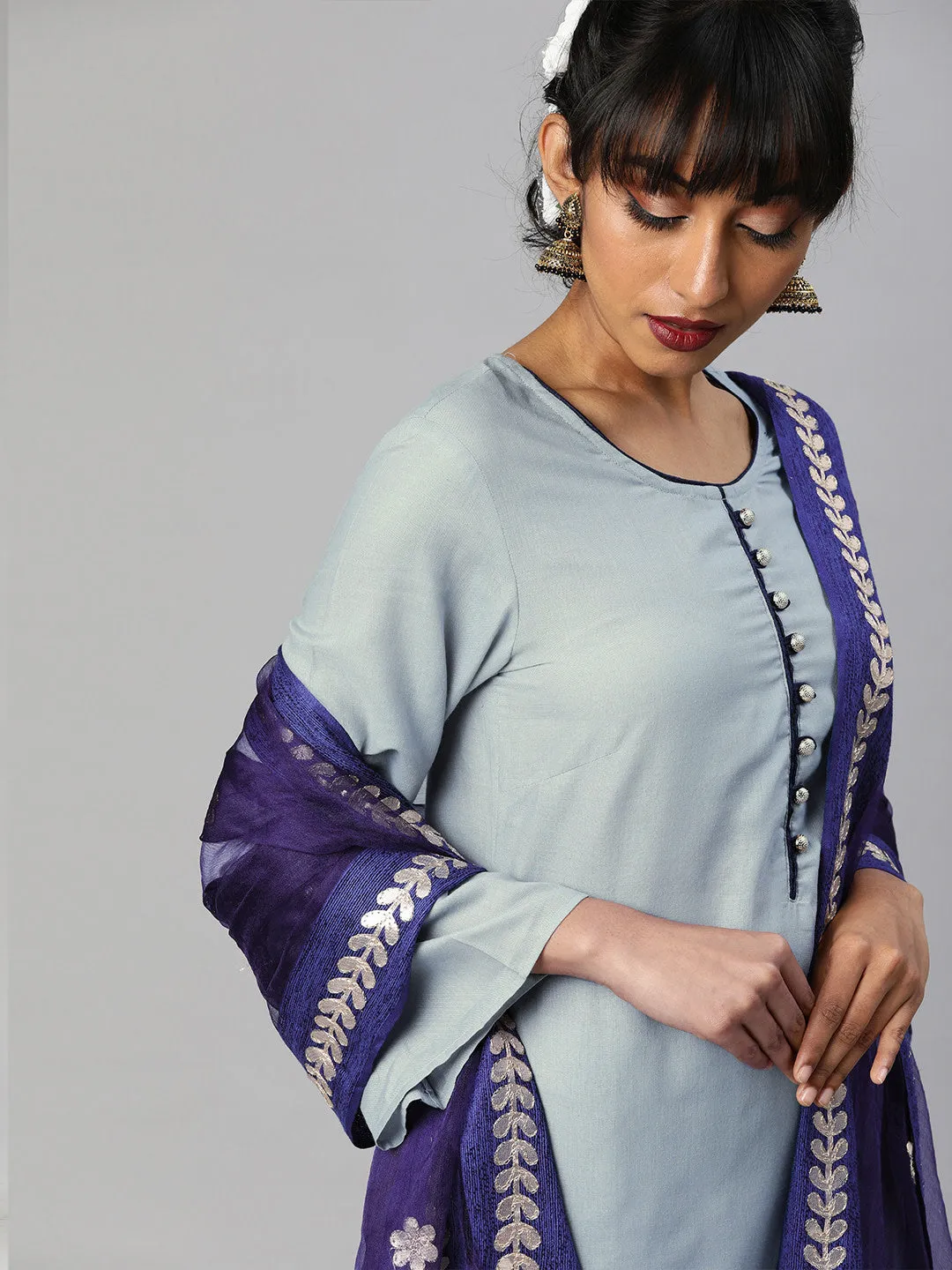 Women Grey And Blue Solid Kurta With Salwar And Dupatta