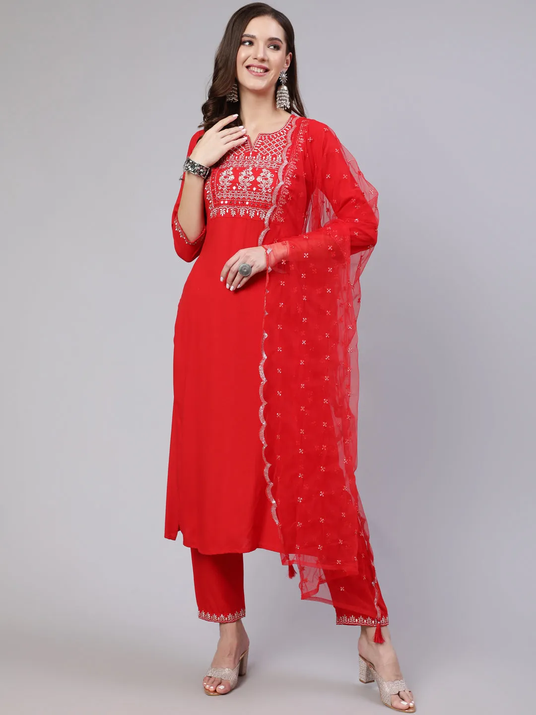 Women Red Embroidered Straight Kurta With Trouser And Net Dupatta