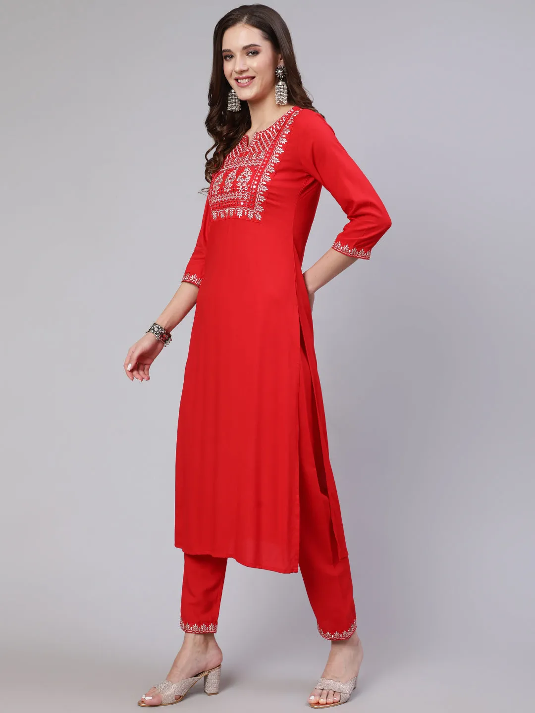 Women Red Embroidered Straight Kurta With Trouser And Net Dupatta