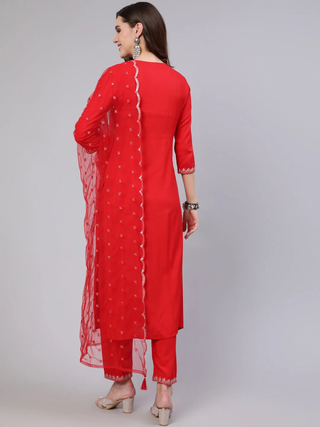 Women Red Embroidered Straight Kurta With Trouser And Net Dupatta