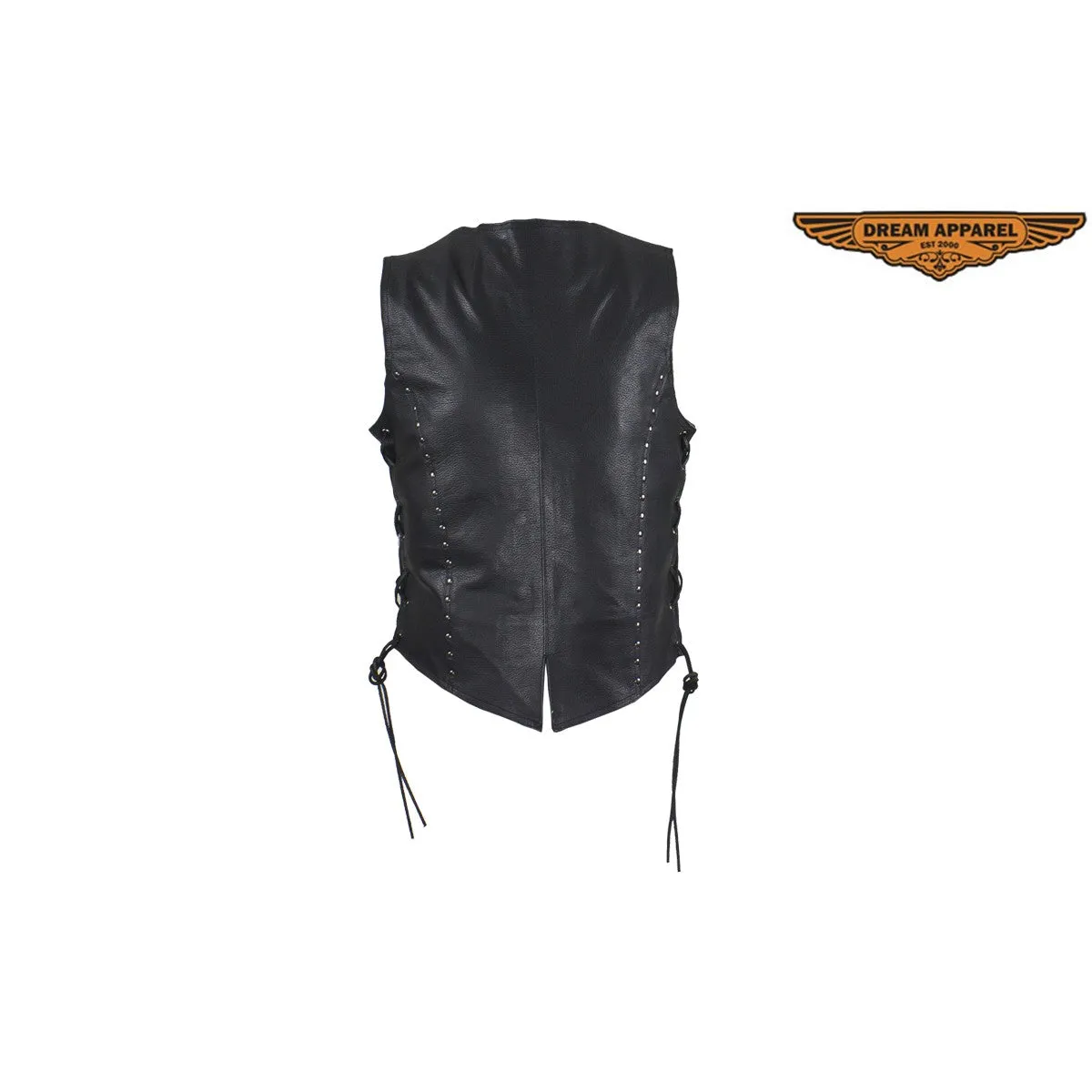 Womens Leather Motorcycle Studded Vest Side Laces