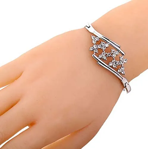 Yellow Chimes A5 Grade Flower Crystal Studded Silver Plated Cuff Btacelet for Wome and Girl's