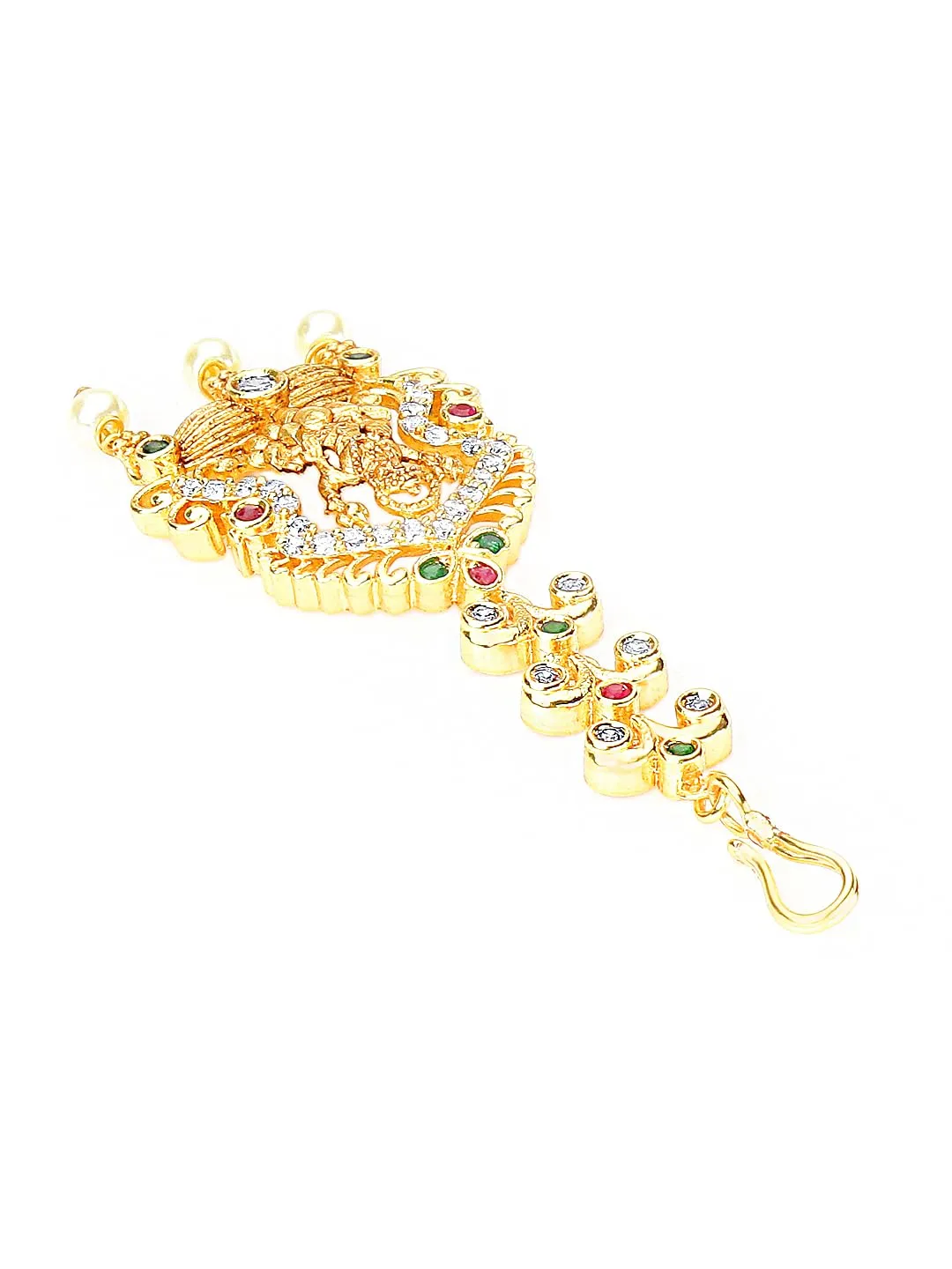 Yellow Chimes Classic AD/American Diamond Studded Gold Plated Lakshmi Design Maang Tikka for Women and Girls.