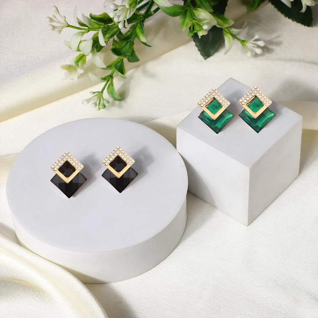 Yellow Chimes Earrings for Women Fashion Crystal Stud Earrings | Combo of 2 Pairs Gold Plated Square Shaped Studs | Birthday Gift for Girls and Women Anniversary Gift for Wife