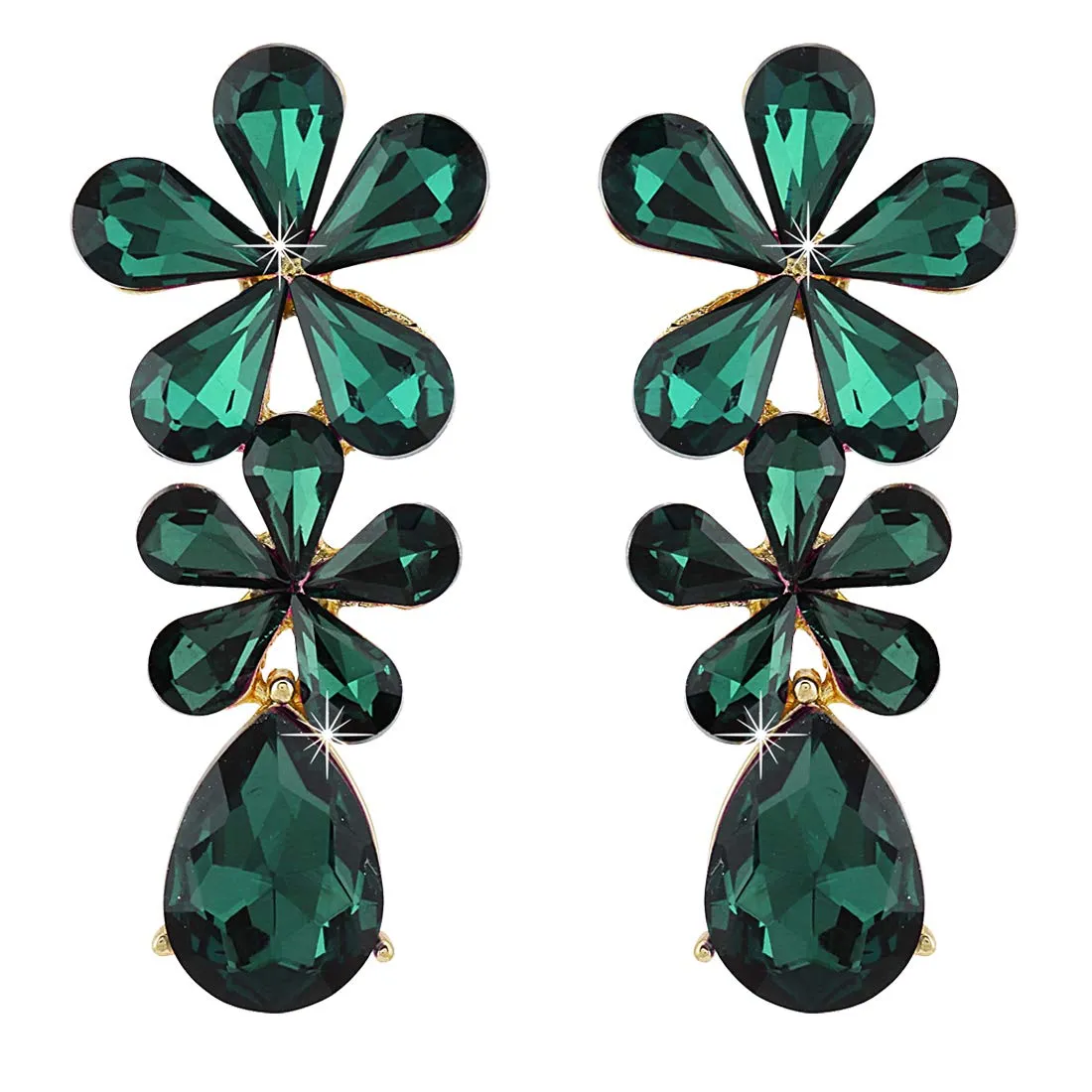 Yellow Chimes Elegant A5 Grade Sparkling Crystal Classic Dual Floral Design Dangle Earrings For Women And Girls (Green)