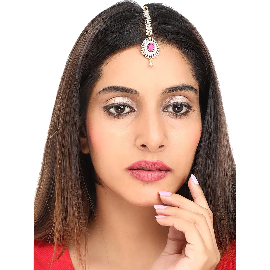 Yellow Chimes Maang Tikka for Women American Diamond Maang Tikka Gold Plated High Grade Authentic White AD Jewellery Maang Tikka for Women and Girls