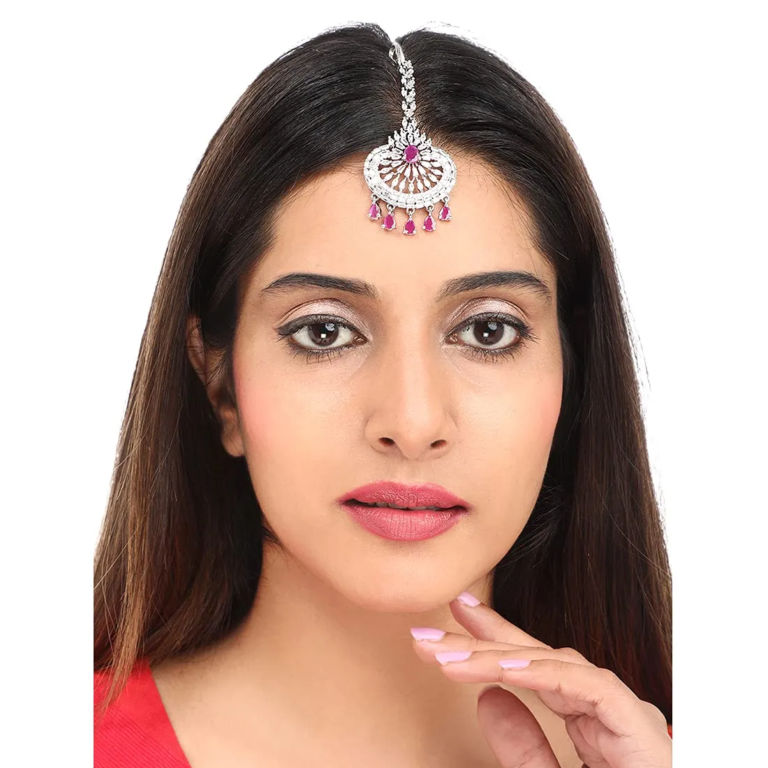 Yellow Chimes Maang Tikka for Women American Diamond Maangtikka Rhodium Plated Pink AD Jewellery Maang Tikka for Women and Girls