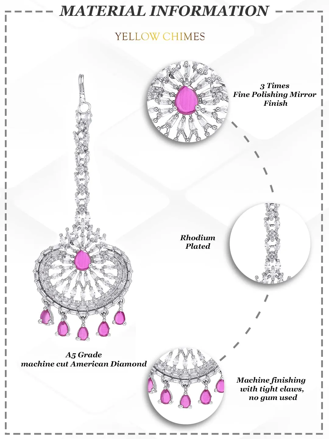 Yellow Chimes Maang Tikka for Women American Diamond Maangtikka Rhodium Plated Pink AD Jewellery Maang Tikka for Women and Girls