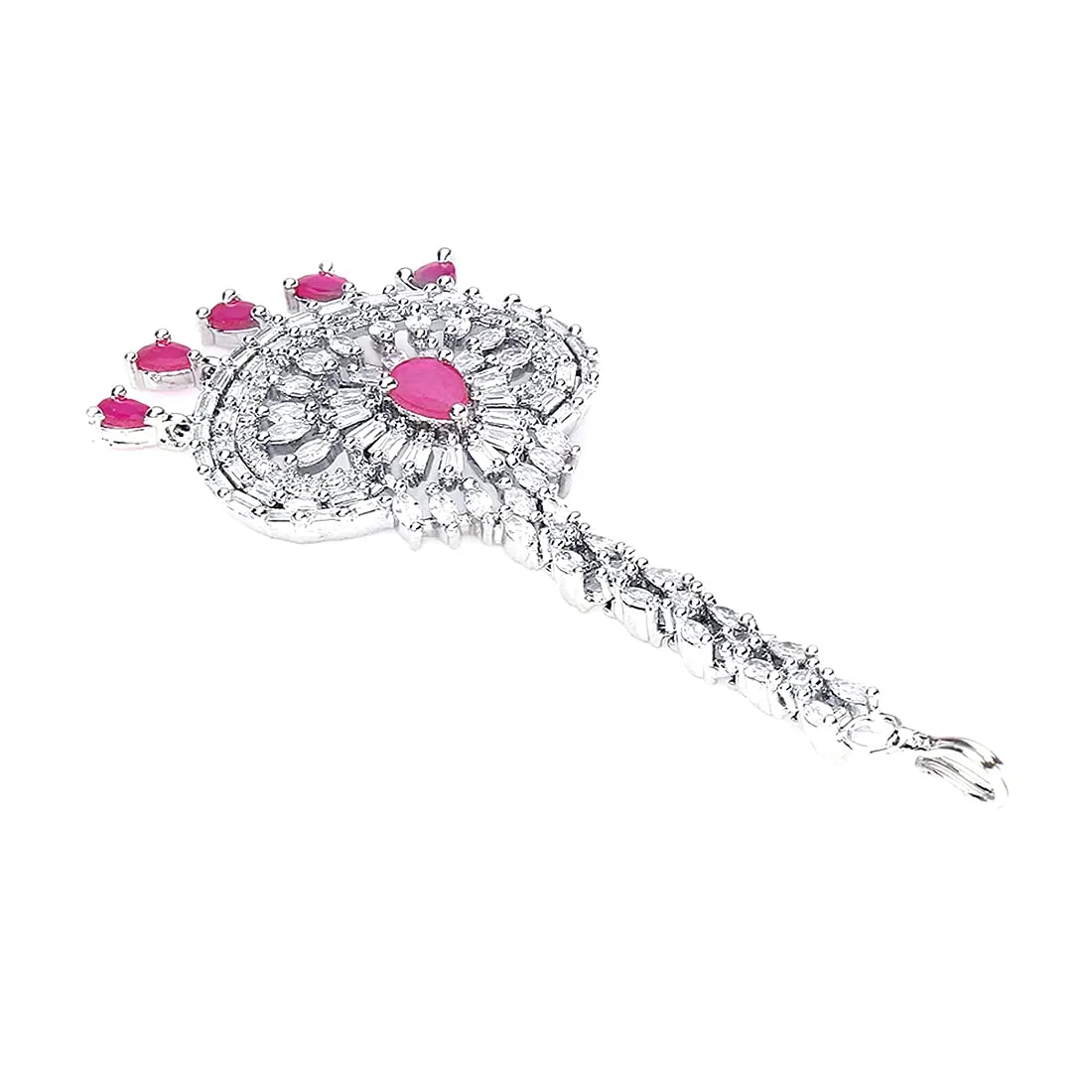 Yellow Chimes Maang Tikka for Women American Diamond Maangtikka Rhodium Plated Pink AD Jewellery Maang Tikka for Women and Girls