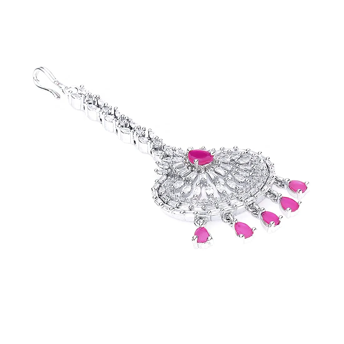 Yellow Chimes Maang Tikka for Women American Diamond Maangtikka Rhodium Plated Pink AD Jewellery Maang Tikka for Women and Girls