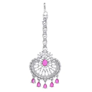 Yellow Chimes Maang Tikka for Women American Diamond Maangtikka Rhodium Plated Pink AD Jewellery Maang Tikka for Women and Girls