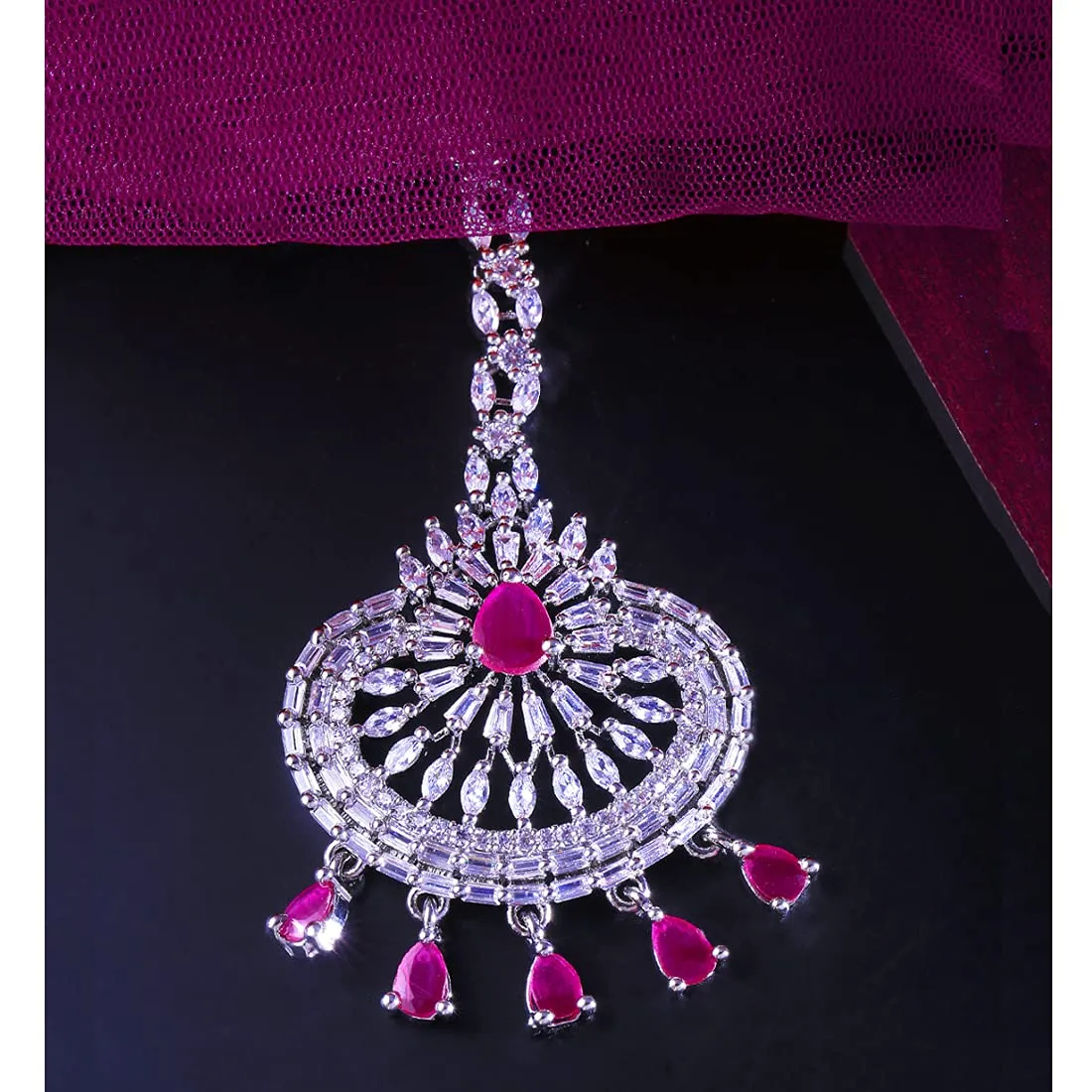 Yellow Chimes Maang Tikka for Women American Diamond Maangtikka Rhodium Plated Pink AD Jewellery Maang Tikka for Women and Girls