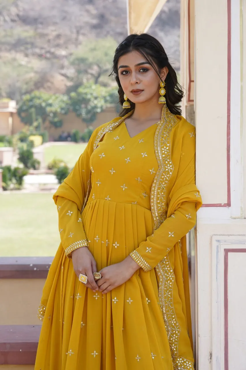 Yellow Embroidered Faux Georgette Gown with Dupatta