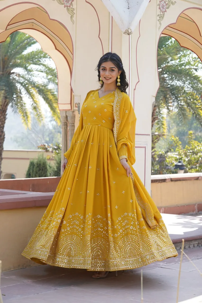 Yellow Embroidered Faux Georgette Gown with Dupatta