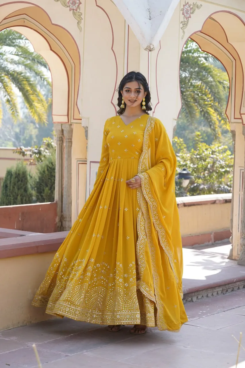 Yellow Embroidered Faux Georgette Gown with Dupatta