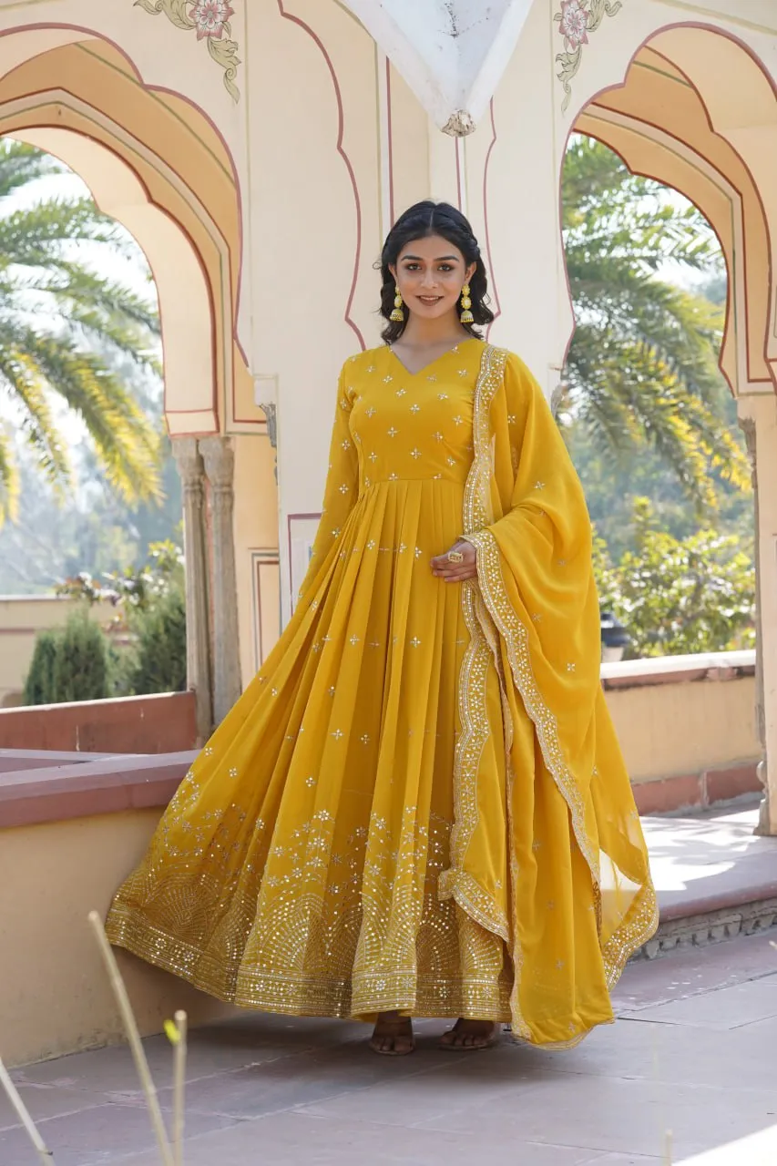 Yellow Embroidered Faux Georgette Gown with Dupatta