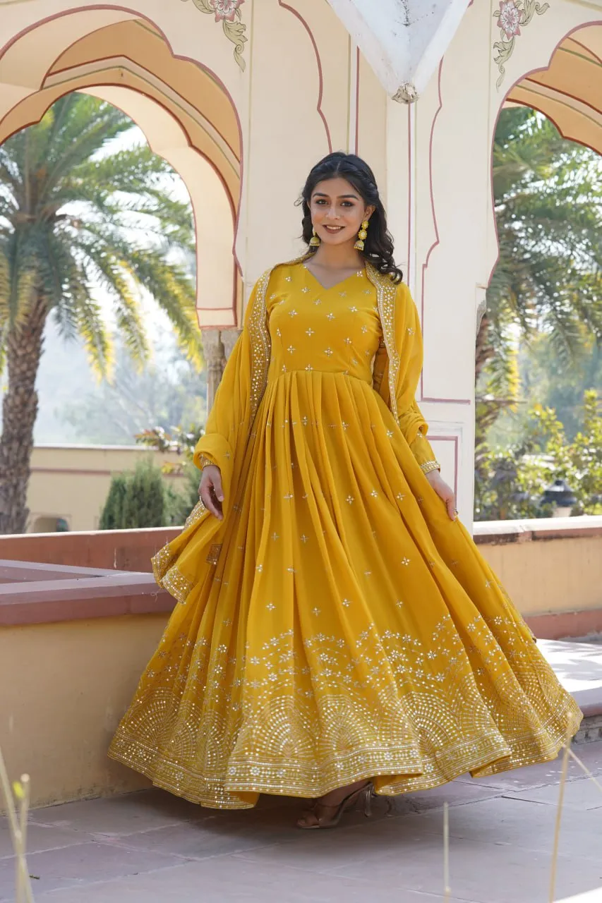 Yellow Embroidered Faux Georgette Gown with Dupatta